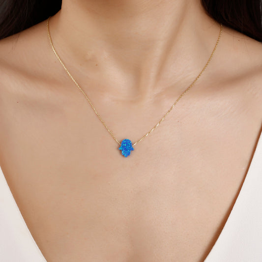 14K Solid Gold Opal Hamsa Necklace