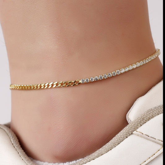 Half Tennis Curb Chain Anklet