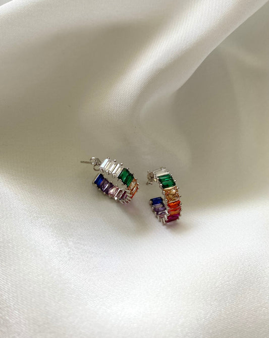 Rainbow Hoop Earrings, Baguette Zircon Hoops, Sterling Silver Baguette Stud Earrings, Dainty Earrings, Gift for her