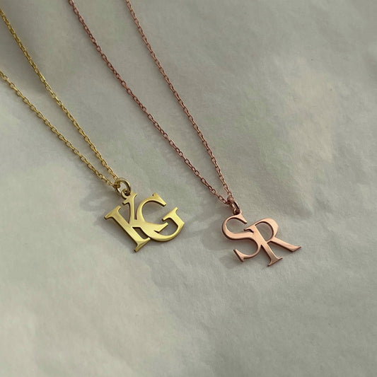 14K Solid Gold Two Initials Necklace, Double Letters Pendant, Double initial Necklace, Couple necklace, Custom Initial Necklace