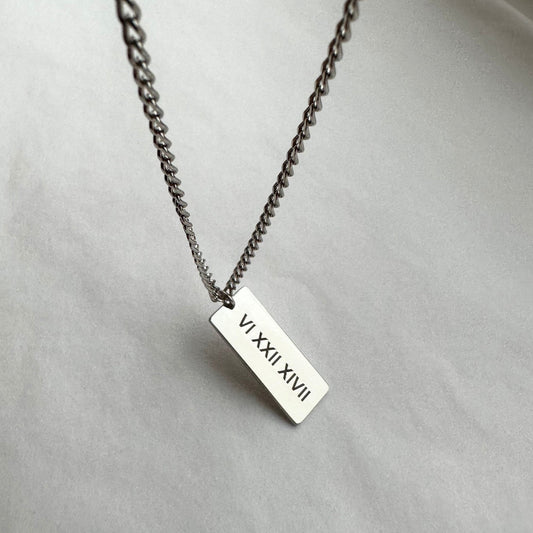 Engraved Custom Necklace for Men, Custom Minimal Necklace, Couples Jewelry Gift, Personalized Engraved Necklace, Roman Numeral Year Jewelry